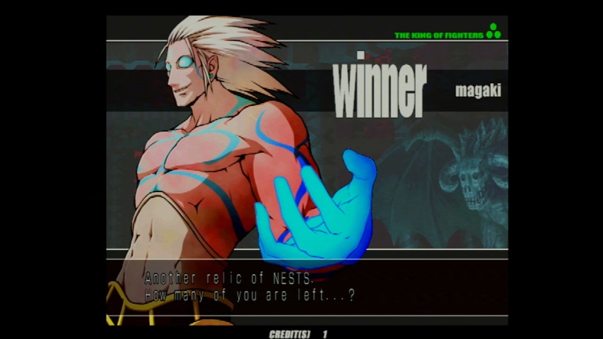 KOF XI showing the final boss, Magaki, making a win statement