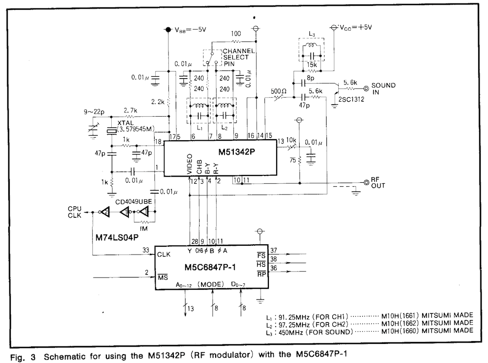 A possible use of the Mitsubishi M51342P modulator. Video is on pin 12, along with additional pins for color