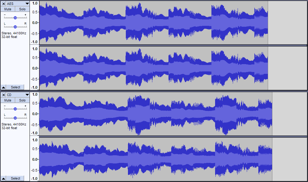 Two stereo waveforms. The lower one is slower.