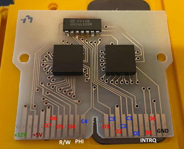 A Videocart circuitboard. All the pins are labeled