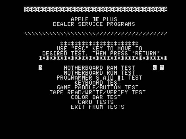 Apple II diagnostics running on an Apple II showing a menu