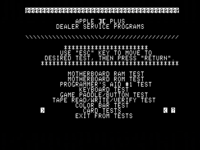 Apple II diagnostics running on an Apple II showing a menu