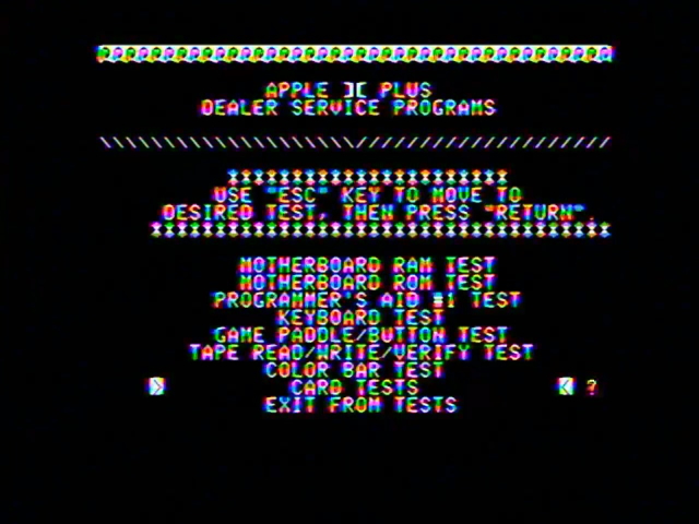 Apple II diagnostics running on an Apple II showing a menu