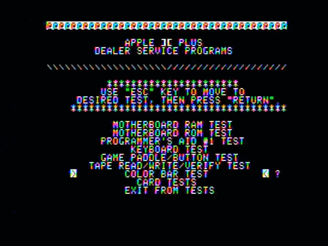 Apple II diagnostics running on an Apple II showing a menu; the colors are fluctuating constantly