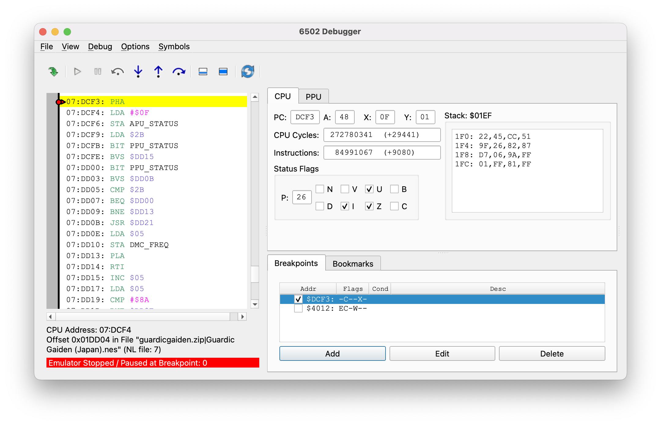 The 6502 Debugger, stopped on a breakpoint. B is no longer checked