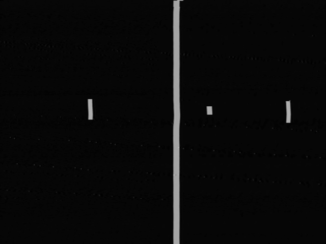 Magnavox Odyssey 100 game mode A. Two paddles, a center line, and a square ball. That's all, folks