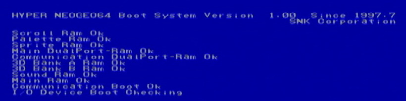 Hyper Neo Geo 64 boot screen, slightly more readable, showing self test