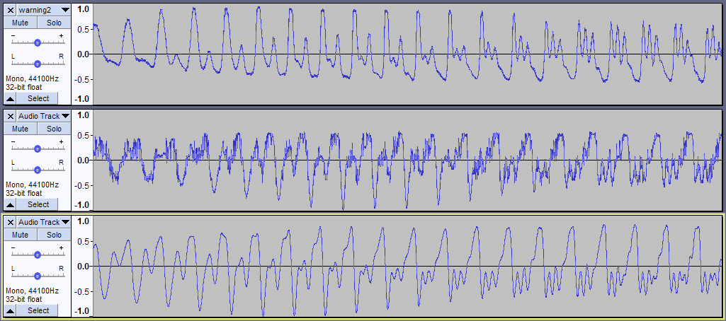 three signals. The middle one is very jaggy, the top one less so but flipped, and the bottom is the original