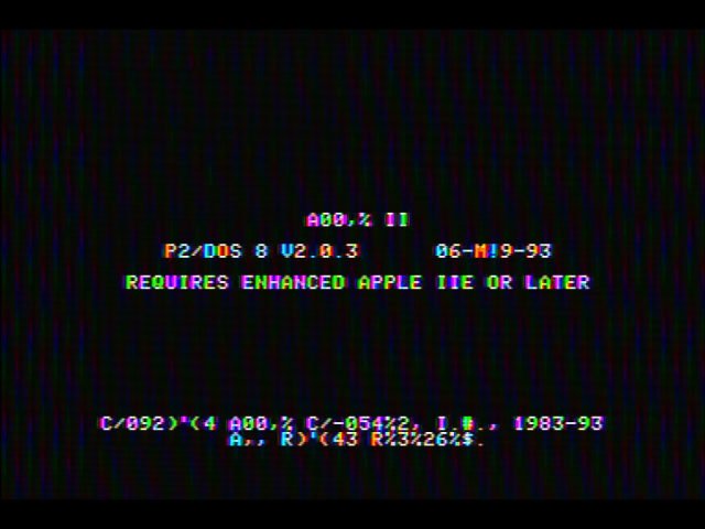 A heavily garbled screen noting REQUIRES ENHANCED APPLE IIE OR LATER